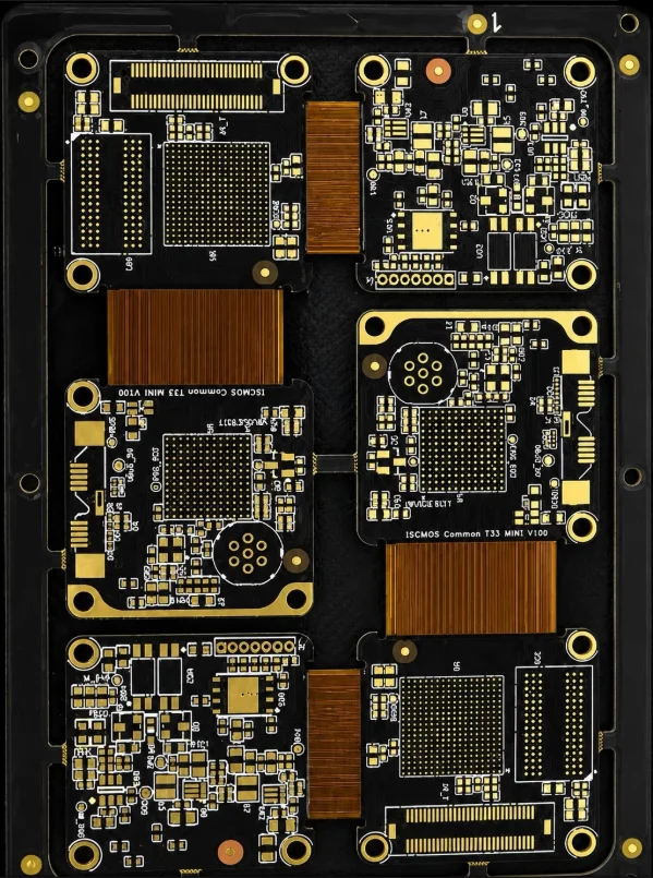 Rigid-flex PCB with polyimide flexible sections and rigid FR4 segments